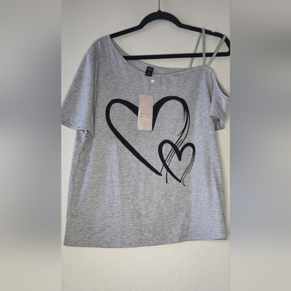 Emory Rose Womens Heart Graphic Cold Shoulder Top Heather Gray XL New